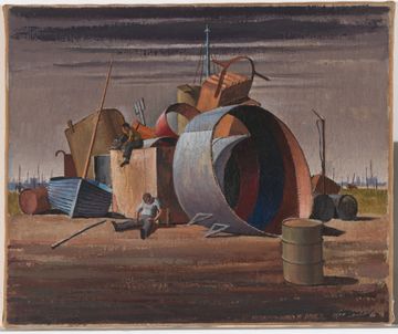 A painting of a large pile of junk including huge pipes, boats, signs and wires. Two men sit among the pile, one on top and one on the ground in front.