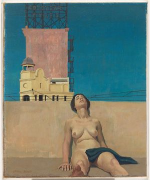 A painting of a nude woman relaxing against a wall on a rooftop. Buildings and a large sign rise into a blue sky behind her.