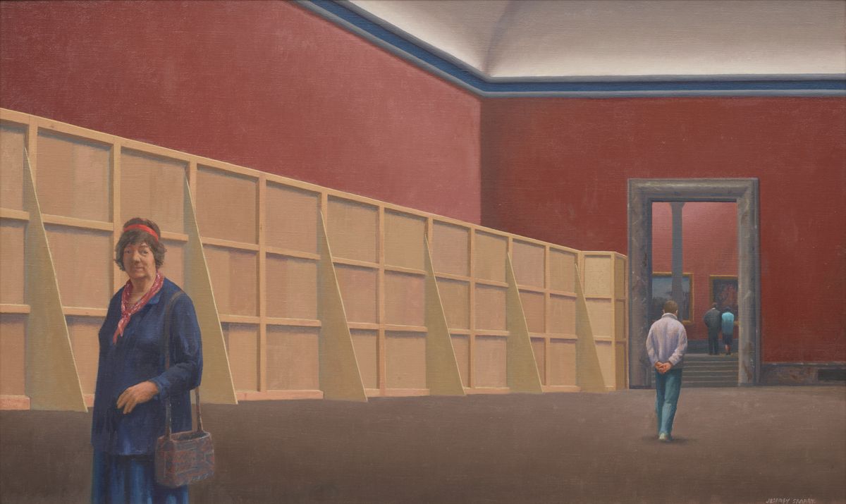 Painting of an older woman wearing a blue long sleeve top and skirt, wearing a red scarf around her neck and hair, carrying a printed blue and orange handbag, standing in an empty room. In the background, a man with his hands behind his back walking away from her towards an entrance where beyond that another couple can be seen looking at art on a wall