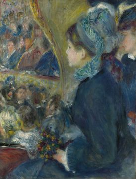 A painting of a well dressed young woman sitting in a crowded theatre.