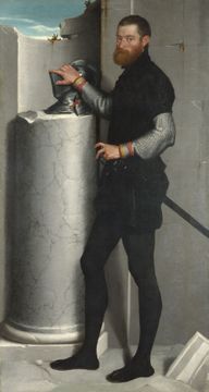 A painting of aman with a sword strapped to his hip rests his hand on a helmet supported by a broken column.
