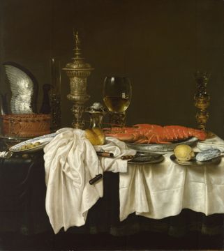 Oil of painting of a cluttered dining table featuring a lobster on a  porcelain platter.