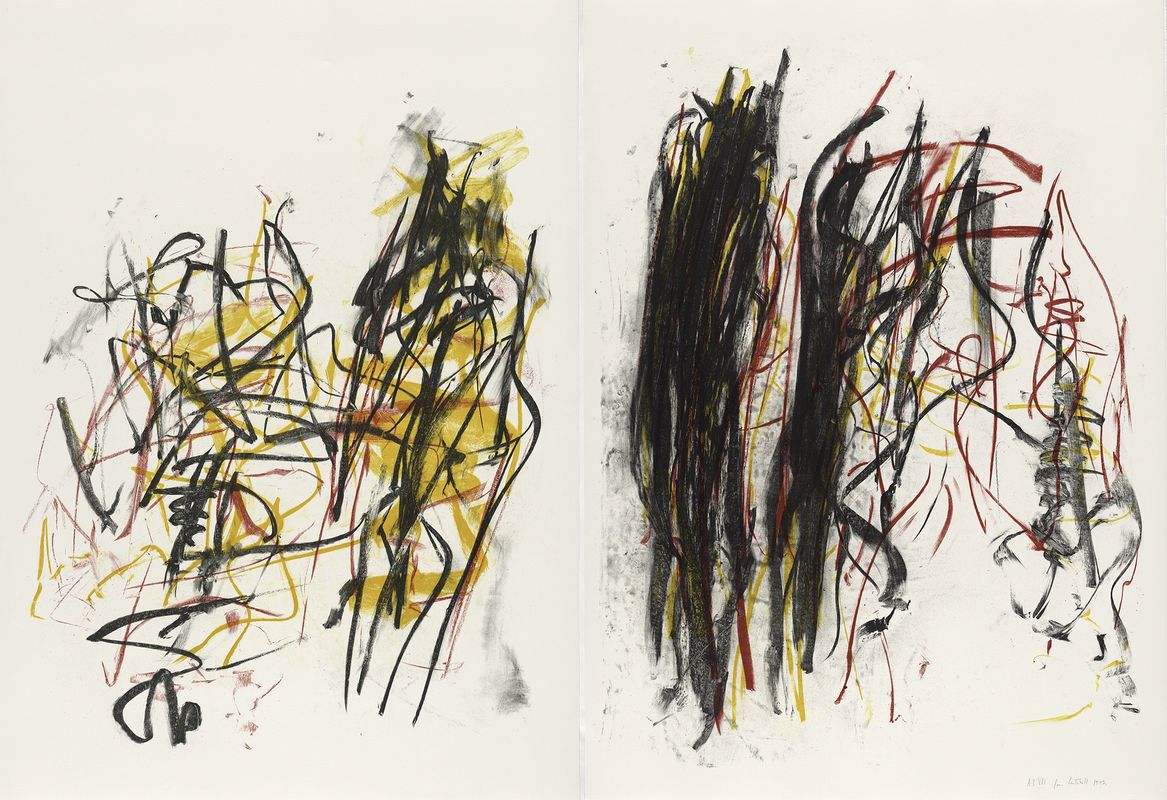 Abstract painting of yellow, black, and red.