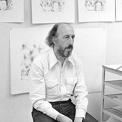 Black and white photograph of Richard Hamilton in his studio