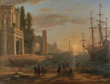 Oil painting of a tall ship close to a dock lined with ornate buildings, with the sun hanging low in the sky