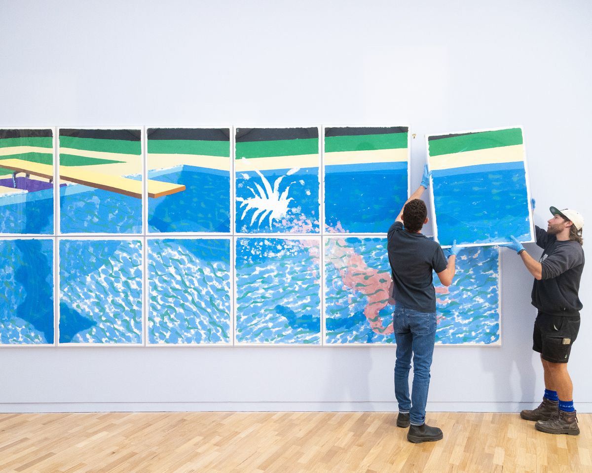 Photograph of installation of Hockney's 'A diver, paper pool 17' 1978