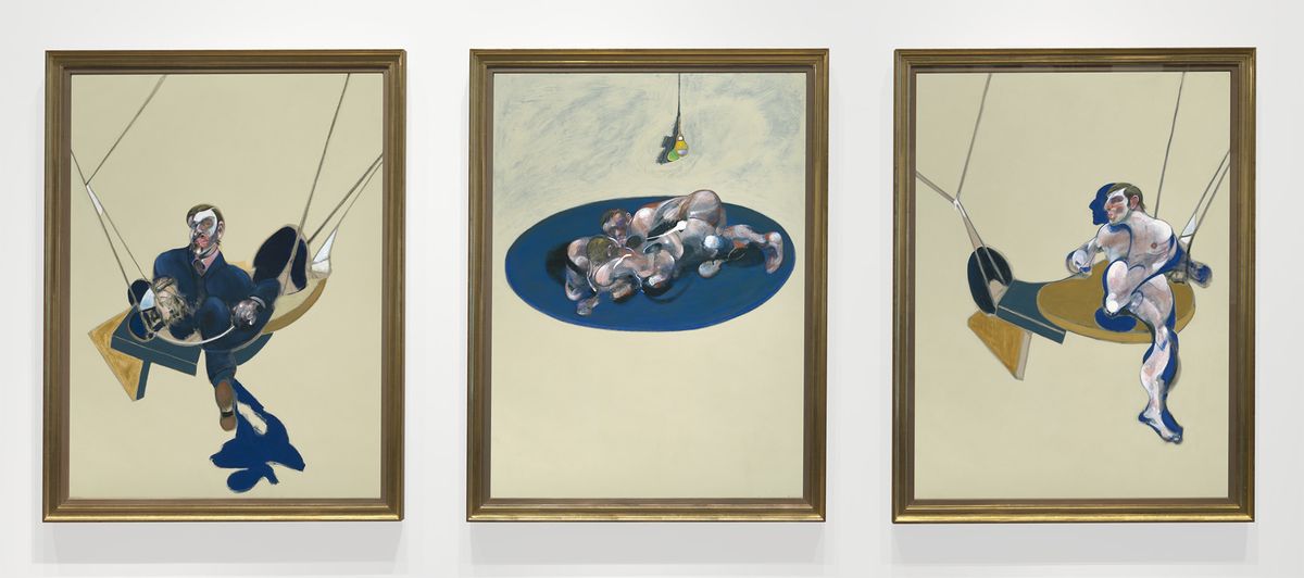 A set of three paintings with abstract human figures in hammocks.