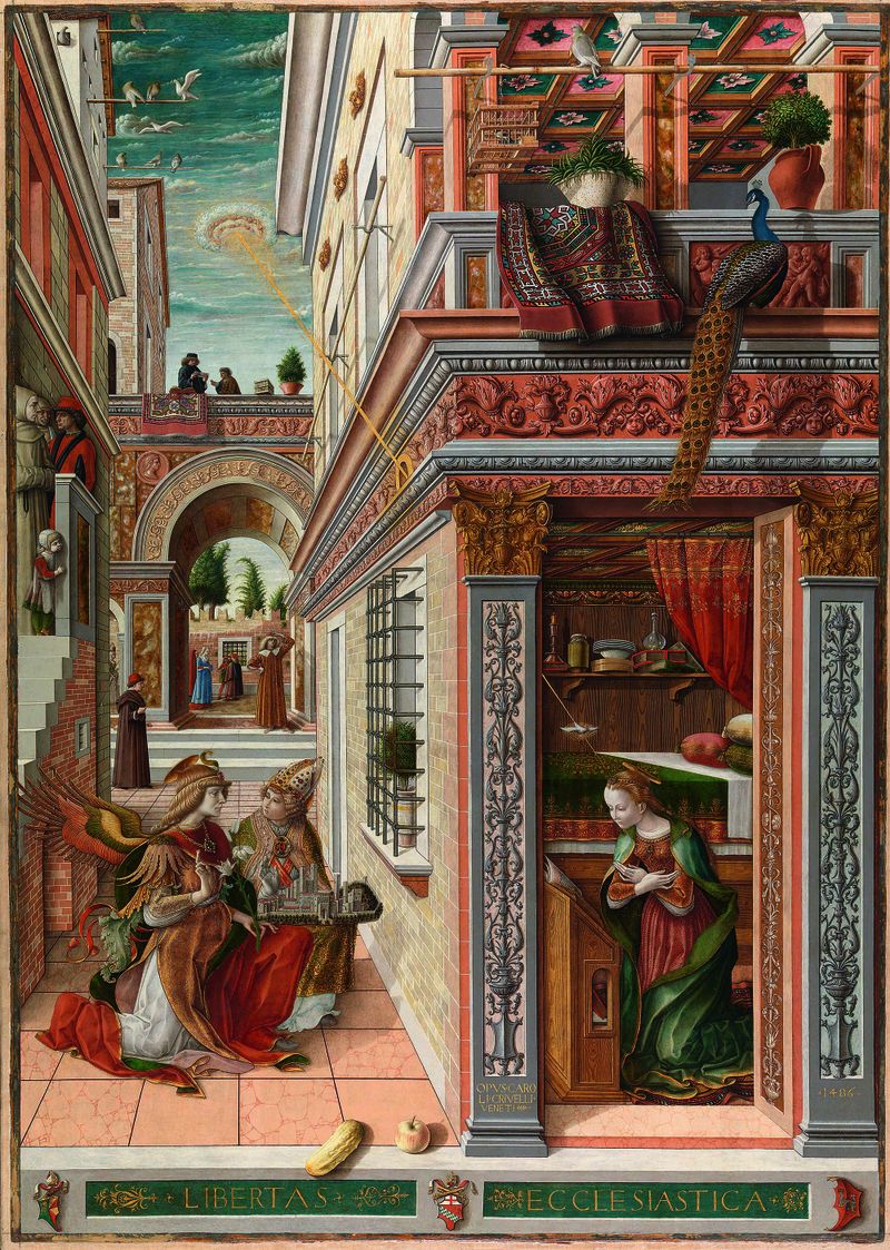 A painting of two men conversing, a woman to the side all with forced linear perspective.