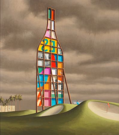 A colourful back of o bottle shaped billboard, situated within a golf course with sand bunkers