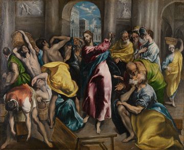 Oil painting of Jesus in the middle of a crowd of people in front of an archway