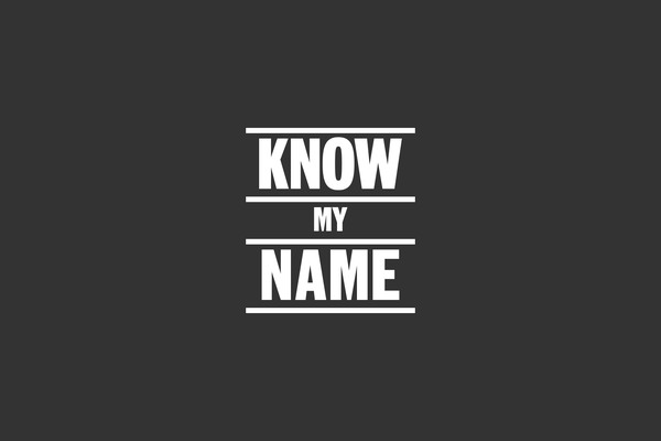 Know My Name logo on a black background