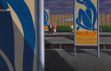 A painting of train platforms with signs advertising 'Henri Matisse at the Royal Academy April 9 to May 30-05' that obscure a sign for Ashford. A few people wait on the furthest platform and behind them a large apartment building sits against a dark sky.