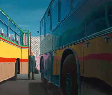 A bald man in a dark suit holding a briefcase stands between the front ends of two busses parked close together in the foreground of this painting. Behind them an apartment building is just visible rising into a bright sky.