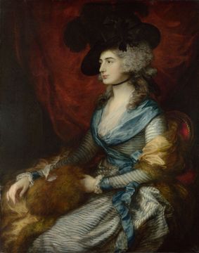 Oil painting of a seated woman dressed in a tall hat and a satin dress holding a fur coat.