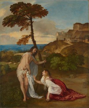 Painting of an outdoor scene depicting Mary Magdalene seeing Jesus for the first time since the Resurrection