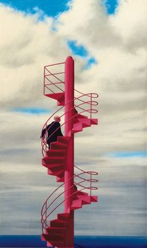 A painting of a red metal spiral staircase rising into a sunny lightly clouded sky. The bottom of the stairs is invisible and a bald man in a dark suit walks down the stairs, partially obscured by the central pole.