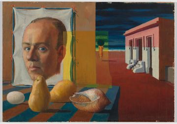 A painting of Jeffrey Smart's self portrait on canvas stretched over a frame propped against a wall behind a still life with pears, an egg, and a shell. On the right hand side a pink and white building sits against a dark sky and a woman with an umbrella walks away.