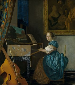 An oil painting of a young woman sitting at a piano.
