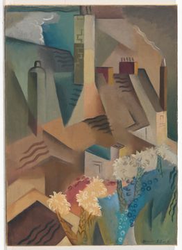 A cubist painting of house roofs in many colours with a patch of flowers toward the lower end of the painting.