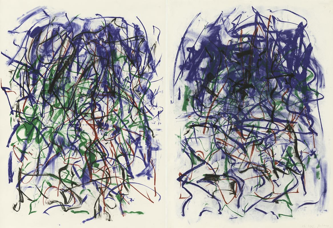 Abstract print in green, blue, and red.