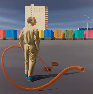 A man, David Malouf, is the focal point of this painting. He is walking away holding onto an orange pipe rising from a small drain in the ground. In the background a row of bright shipping containers on trucks are parked in front of a tall building with 'Ovidio' painted along the top.