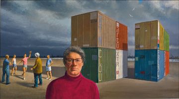 The bust of a man, Hermes, is in the centre front of the painting. Behind him a a group of people play two up next to some stacked shipping containers on the beach.