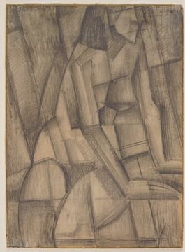 A cubist sketch of a woman sitting and twisting to the side, done in charcoal grey on yellowing paper.