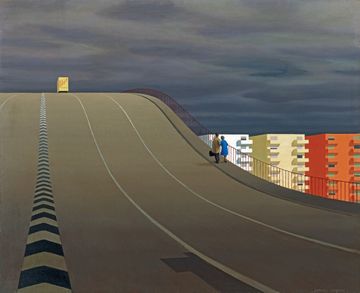 A large empty road bridge rises up covering the lower left hand two thirds of the painting. A truck can just be seen cresting the hill, and two small figures walk along the side, half way up. A row of three apartment buildings peek out to the right, in front of a dark sky.