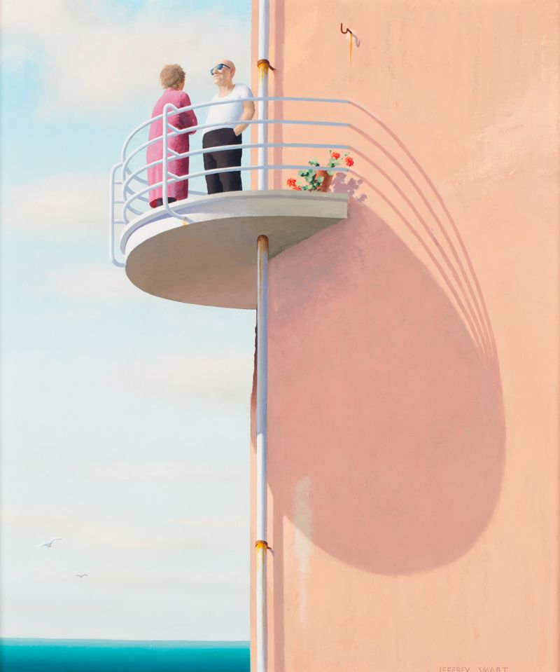 Art work painting of man and woman standing on top of a high balcony