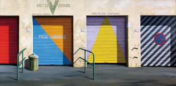 A painting of a row of four closed shops with brightly coloured roller doors covering their entrances.