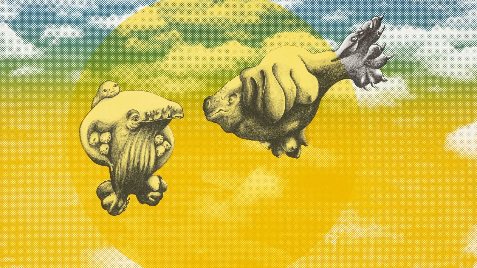 Coloured print featuring working drawings of skywhales