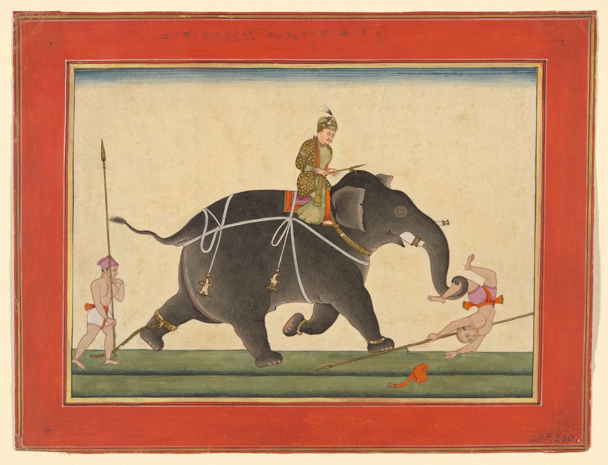 Painting of a man seated on an elephant. Two men hold spears with one being tripped by the elephant's trunk.