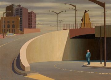The small figure of a bald man in a dark suit stands in the lower right hand corner of this painting. He is dwarfed by a road leading to an overpass behind him. Apartment buildings rise into a stormy sky in the top left hand corner.