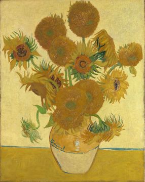 Oil painting of a vase of yellow sunflowers