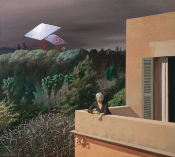A woman stands on a rectangular balcony, with the edge of the building just visible to the right in the foreground of this painting. A lush garden with varied tall trees takes up the lower two thirds of the painting behind her, and two transmission towers ride behind that into a stormy sky.