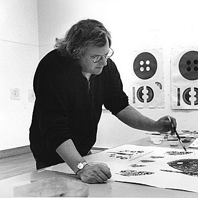 Black and white photograph of Donald Sultan in his studio
